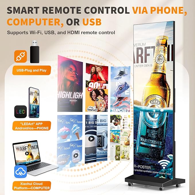 JASZDOT 80" Seamless Splicing LED Display, Foldable Poster Screen with P1.86 Digital Signage Display LED Totem with USB/HDMI/WiFi/Remote