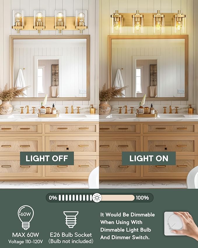METWET Bathroom Light Fixtures, 25" Brushed Gold Vanity Light, 4-Light Modern Wall Sconces with Square Clear Glass Shade, Vanity Lighting Fixtures Over Mirror, VL194-BG-4