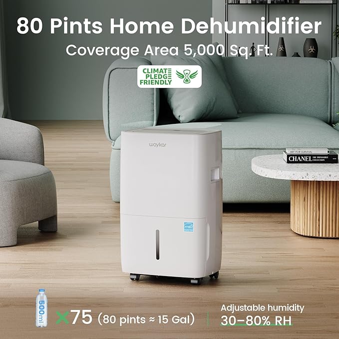 Waykar 80 Pints 2025 Energy Star Dehumidifier for Spaces up to 5,000 Sq. Ft for Basement and Home, Large Room with Drain Hose and 1.14 Gallons Water Tank