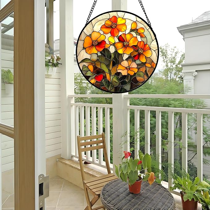 CRISGIF Stained Glass Window Hanging - Orange Marigolds Flowers Suncatcher for Door Garden Yard Sun Catchers Decor Christmas Mother's Day Birthday Gifts for Women Mom Nana Girlfriend Men 15 in