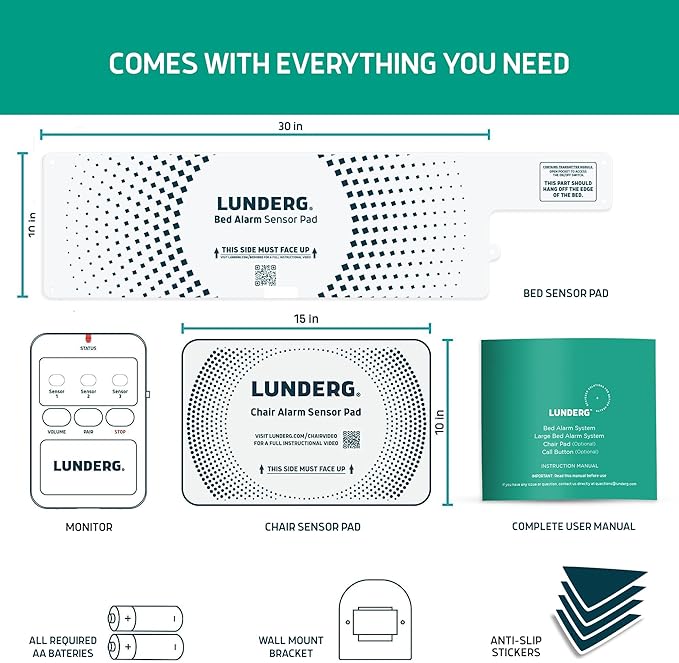Lunderg Bed Alarm for Elderly Adults & Chair Alarm Set - Wireless Bed Sensor Pad (10” x 30”), Chair Sensor Pad & Pager - Alarms and Fall Prevention for Seniors & Dementia Patients - Full Caregiver Set