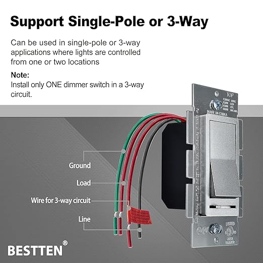 BESTTEN 10 Pack Matte Silver Dimmer Light Switch, Single Pole or 3-Way, Compatible with Dimmable LED, CFL, Incandescent and Halogen Bulb, LED Slide Dimmer Wall Switch, 120VAC, UL Listed