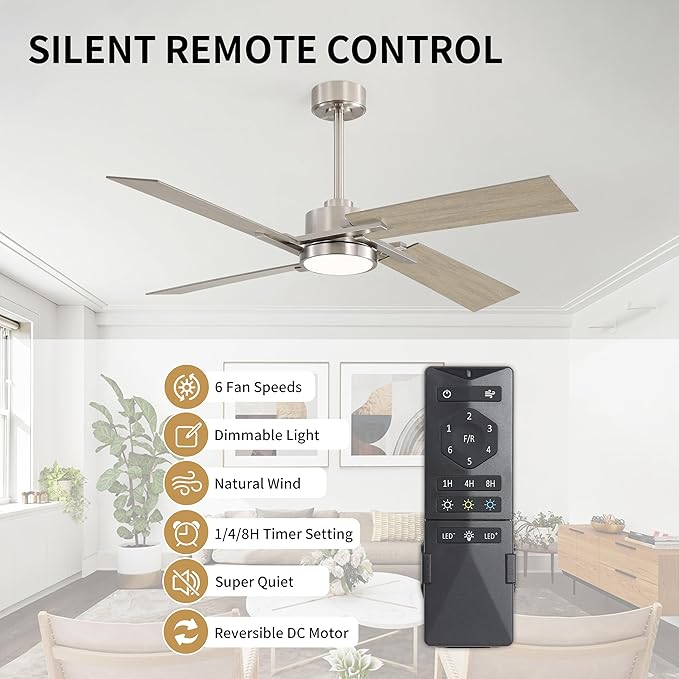 WINGBO 54 Inch Ceiling Fan with Light and Remote, 4 Plywood Blades, 6-Speed Reversible DC Motor, Dimmable, 3CCT, Farmhouse Ceiling Fan for Bedroom Living Room Kitchen, Brushed Nickel and Gray