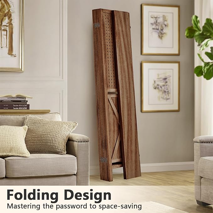 Aleesing 6 Panel Pegboard Display with Shelf, Wooden Pegboard Room Divider Wall with 24 Hooks, Partition Room Dividers and Folding Privacy Screens, Bedroom, Jewelry Store, Brown