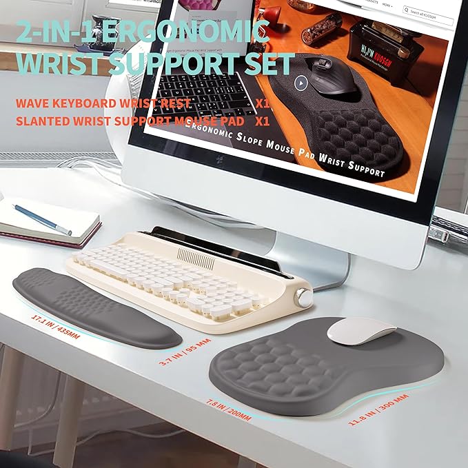 KUOSGM 2-in-1 Ergonomic Set, Wave Rise Keyboard Wrist Rest and Massage Bulge Slope Mouse Pad Wrist Support, Cushion Memory Foam Integrated to Relieve Wrist Pain, Deep Gray