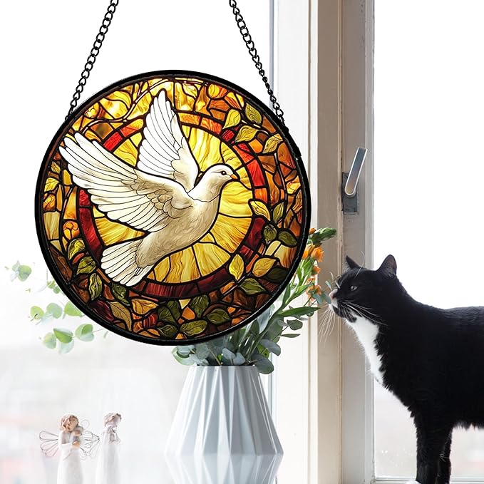 DASTOLL Stained Glass Window Hanging, Flying White Dove Sun Catchers Diamond Glass Panel Hangings Cute Birds Suncatcher Decor for Birthday for Women, Men, Wife, Aunt, and Mom 14.9 in