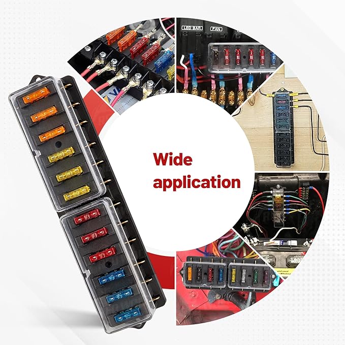 RED WOLF Car 10 Way Fuse Block Blade Fuse Box Standard Circuit Fuses Holder Fit Car Trailer Truck SUV Boat Marine Auto RV Power Distribution Panel Damp-Proof Cover DC 10-32V