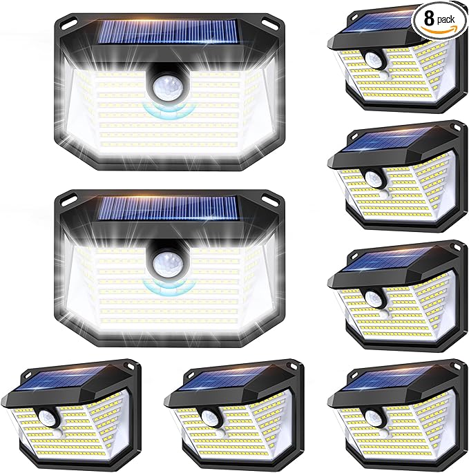FAXBOX Solar Lights Outdoor Motion Sensor, 178 LED 300LM Waterproof IP65, Wall Mounted Security Light with 3 Modes, 270° Wide AngleWide Angle, Solar Powered for Garden, Yard, Patio, Front Door(8Pack)