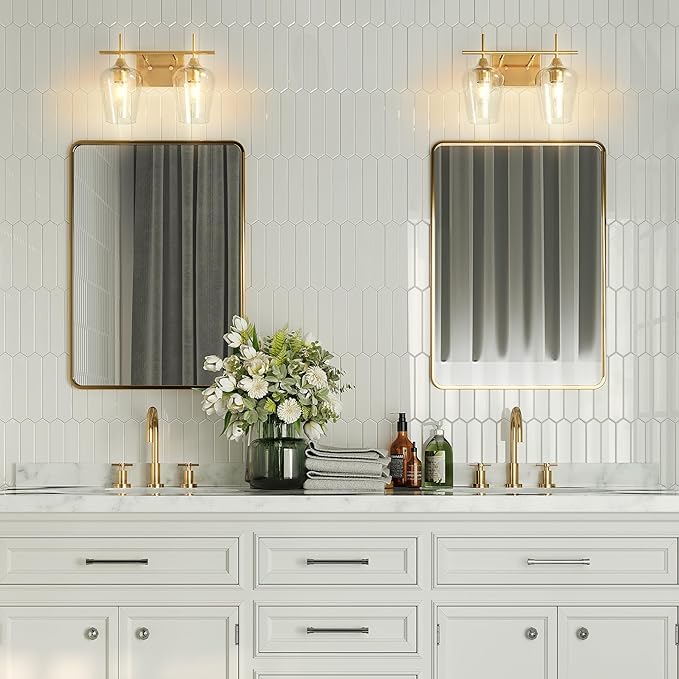 VONLUCE Bathroom Vanity Light, 2-Light Bathroom Light Fixture Over Mirror, Vanity Light Fixtures with Clear Glass, Modern Wall Sconce for Bathroom Bedroom Hallway Kitchen, Brushed Gold