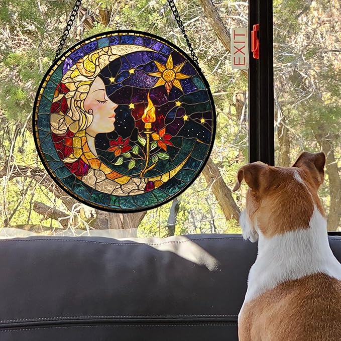 DASTOLL Stained Glass Window Hanging, Moon Goddess Torch Suncatcher Diamond Glass Panel Hangings Dream Sun Catchers Decor for Birthday for Women, Men, Wife, Aunt, and Mom 14.9x14.9 in