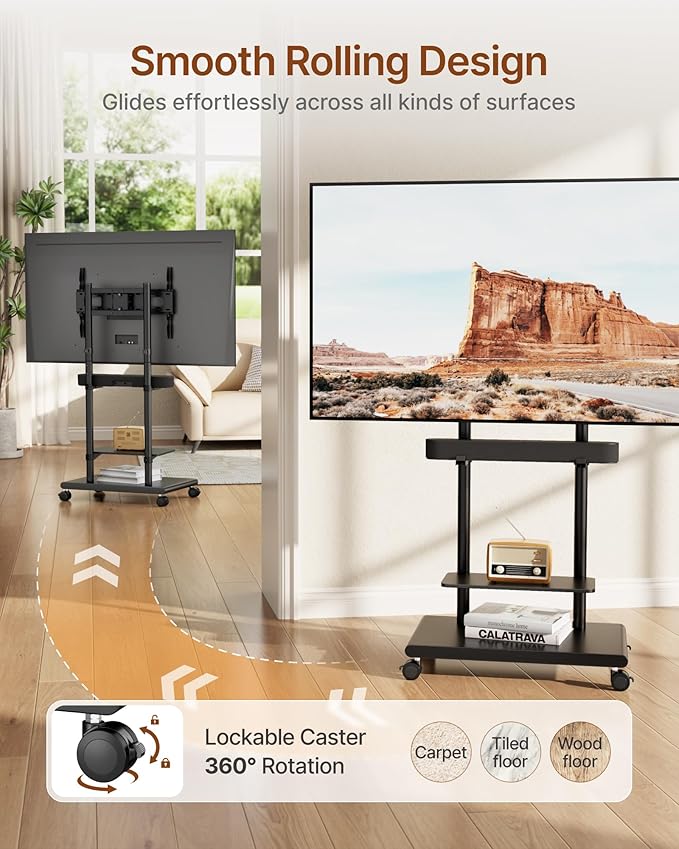 ECOTINY Steel Base Rolling TV Stand with Soundbar Mount for 37-75 inch TVs up to 154lbs, Swivel&Tilt Mobile TV Stand with Large Storage, Height Adjustable Heavy-Duty TV Cart, Max VESA 600x400mm, Black
