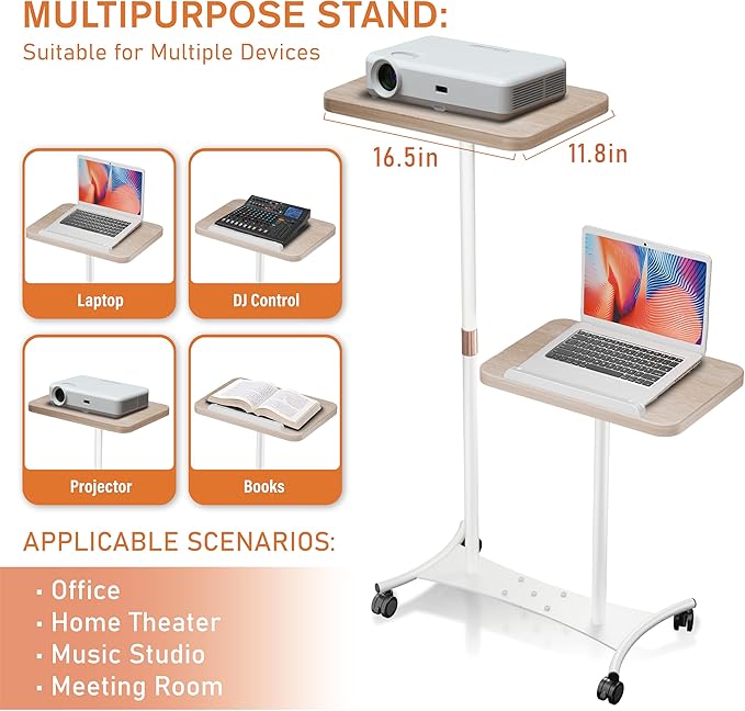 YUMFUN 2 Shelves Projector Stand, Mobile Laptop Cart on Wheels Projector Stand Adjustable Height 20 to 53 Inches, Overbed Table with 5 Lockable Casters, Rolling Laptop Floor Stand for Couch