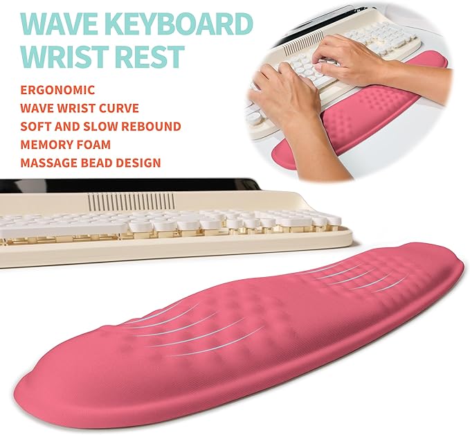 KUOSGM 2-in-1 Ergonomic Set, Wave Rise Keyboard Wrist Rest and Massage Bulge Slope Mouse Pad Wrist Support, Cushion Memory Foam Integrated to Relieve Wrist Pain, Muskmelon Pink