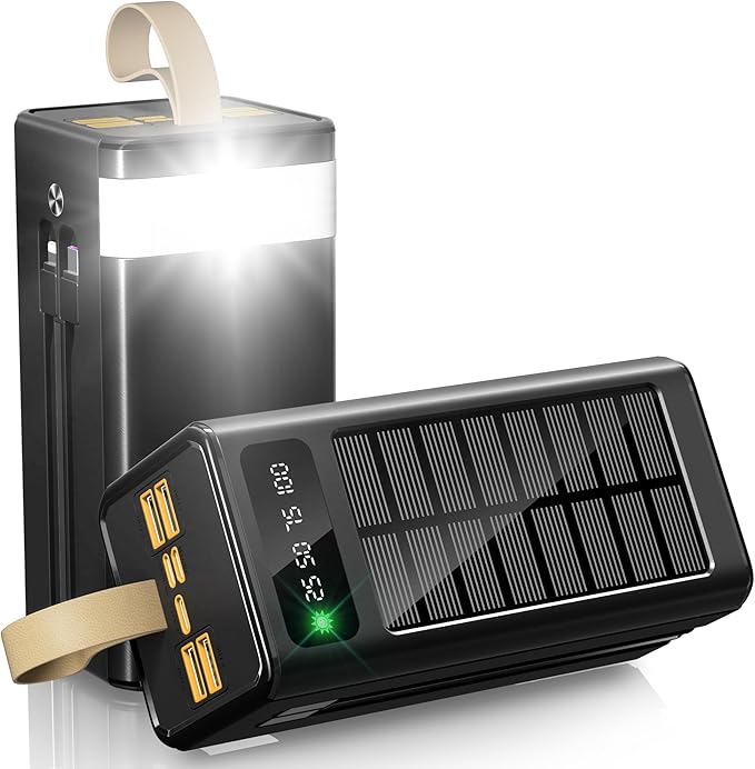 Feidyns 90000mAh Solar Battery Charger, 35W Fast Charging Solar Power Bank,Built-in USB-C/Lightning Cables for Camping,Travel,Emergencies,Tech Devices| 9-Port PD/USB-C, LED Flashlight