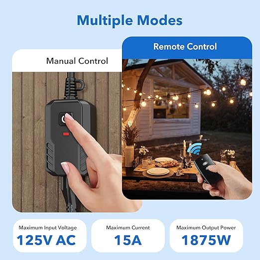 BN-LINK Outdoor Remote Control Outlet Plug Black,Indoor Wireless Outlet Switch Weatherproof Heavy Duty 15A 3-Prong 6-inch Cord 100Ft Range,3Pack(Battery Included)