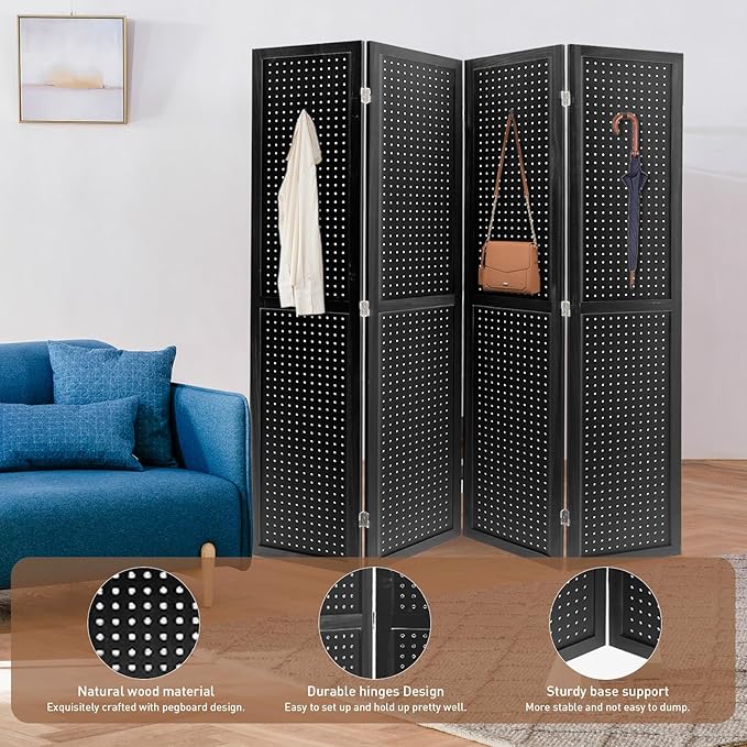 ECOMEX 4 Panel Room Divider, 5.6Ft Pegboard Display Wooden Room Divider Folding Privacy Screen Room Divider Freestanding Peg Board Display for Trade Show Craft Show Home Wall Organizer, Classic Black