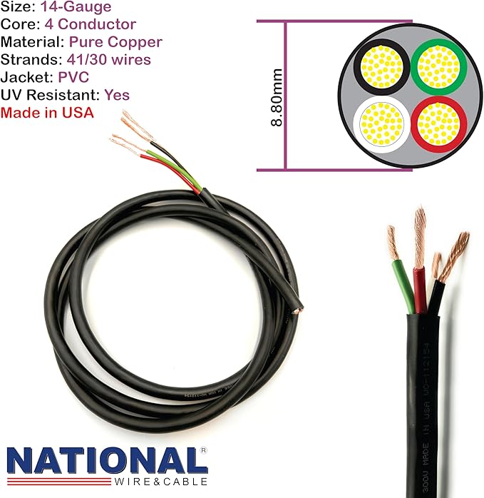 NATIONAL Wire & Cable – 14 AWG 4-Conductor Premium Copper Wire, 50 ft, Stranded | Made in USA, Heavy-Duty Flexible Jacket | Automotive, Low Voltage, LED, Lights, DIY, Indoor and Outdoor Use5