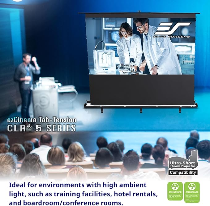 Elite Screens ezCinema Tab-Tension CLR 5, 123-inch Portable Floor-Rising UST Projector Screen, 16:9 ALR Ceiling Light Rejecting Tab-Tension Scissor-Backed Manual Pull-Up+Carry Bag, Black- FT123UH-CLR5