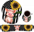 Keyboard Wrist Rest + Mouse Pad Wrist Support Set with Coasters, Non-Slip PU Base Ergonomic Mousepad for Home Office Working Studying Easy Typing & Pain Relief, American Flag Sunflower and Cute Pig
