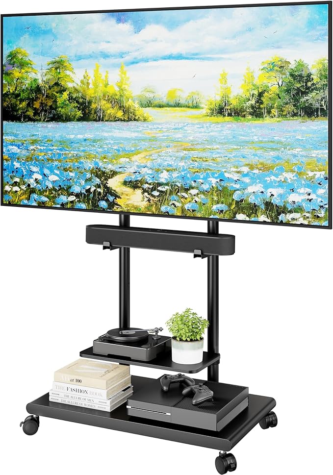 ECOTINY Steel Base Rolling TV Stand with Soundbar Mount for 50-90 inch TVs up to 154lbs, Swivel&Tilt Mobile TV Stand with Large Storage, Height Adjustable Heavy-Duty TV Cart, Max VESA 600x400mm, Black