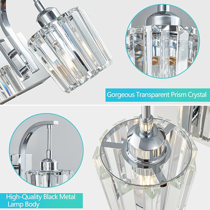 FDPBY Modern Bathroom Vanity Light, 2-Light Chrome Wall Sconce with Crystal Accents, Over Mirror Bathroom Lighting Fixture, 13.77" Long Dimmable Vanity Lamp for Makeup, Easy Installation