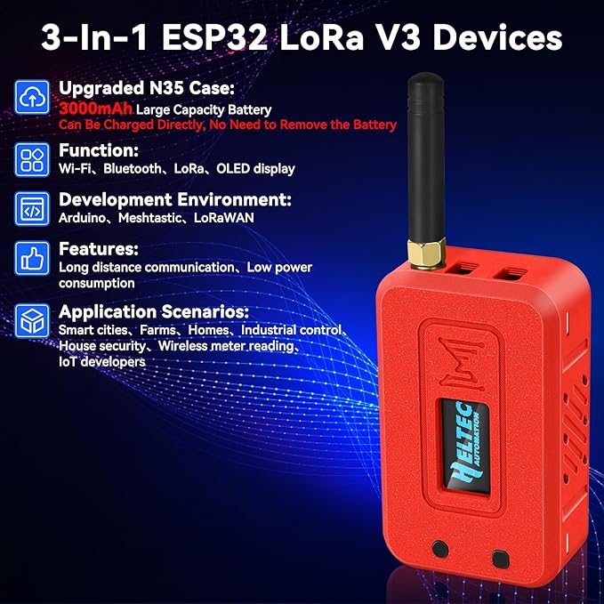 Meshnology 1 Set ESP32 Lo Ra V3 Module Board with 915 MHz Antenna + 3000mAh Battery + Case - with WiFi Blue Tooth SX1262 CP2102 0.96” OLED Display Type C for Ar duino Mesh Tastic IOT (N35, Red)