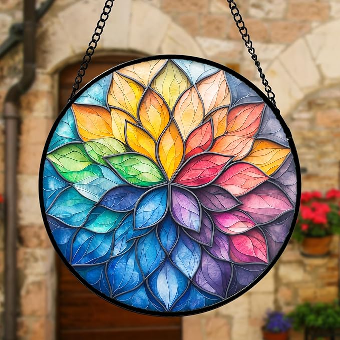 DASTOLL Stained Glass Window Hanging, Colorful Flower Petals Sun Catchers Diamond Glass Panel Hangings Suncatcher Decor for Birthday for Women, Men, Wife, Aunt, and Mom 9.8 in