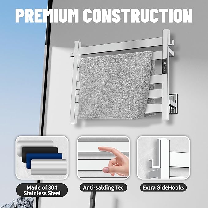 K&KALONZO Towel Warmer for Bathroom, Wall-Mounted 5-Bar Heated Towel Rack with Built-in Timer, Waterproof Electric Towel Heater, Support Plug-in and Hardwired, Polished, EL18S