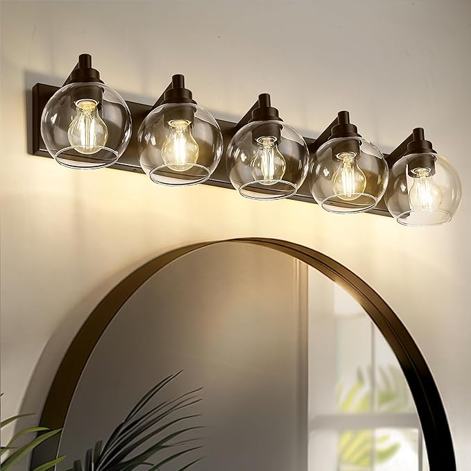 METWET Bathroom Light Fixtures Over Mirror, 5-Light Oil Rubbed Bronze Bathroom Vanity Light with Globe Clear Glass Shade, 32 Inch Modern Sconces Wall Lighting, VL195-ORB-5