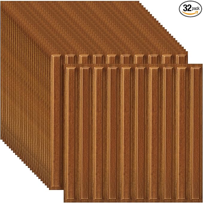 Nuanchu 32 Pcs 3D Slat Wall Panels 12 x 12 Inch PVC Fluted Textured Panel Cuttable Paintable DIY Wall Art Decorative Tiles for Ceiling Studio Bathroom Interior TV Background (Teak Grain)