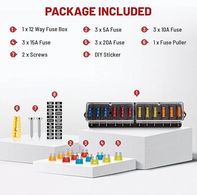 RED WOLF Car 10 Way Fuse Block Blade Fuse Box Standard Circuit Fuses Holder Fit Car Trailer Truck SUV Boat Marine Auto RV Power Distribution Panel Damp-Proof Cover DC 10-32V