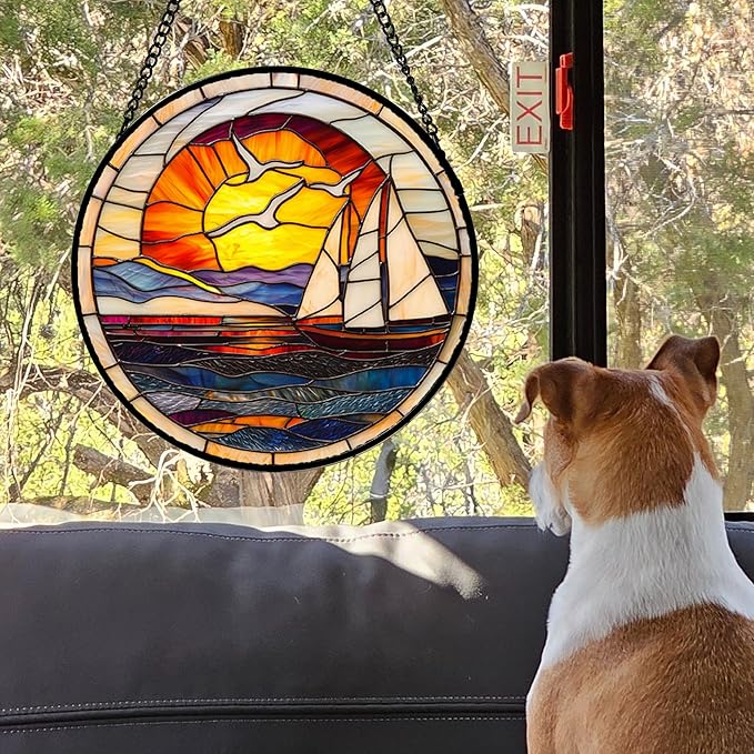 DASTOLL Stained Glass Window Hanging, Sun Ocean Sailboat Seagull Abstract Suncatcher Diamond Glass Panel Sun Catchers Decor for Birthday for Women, Men, Wife, Aunt, and Mom 14.9x14.9 in