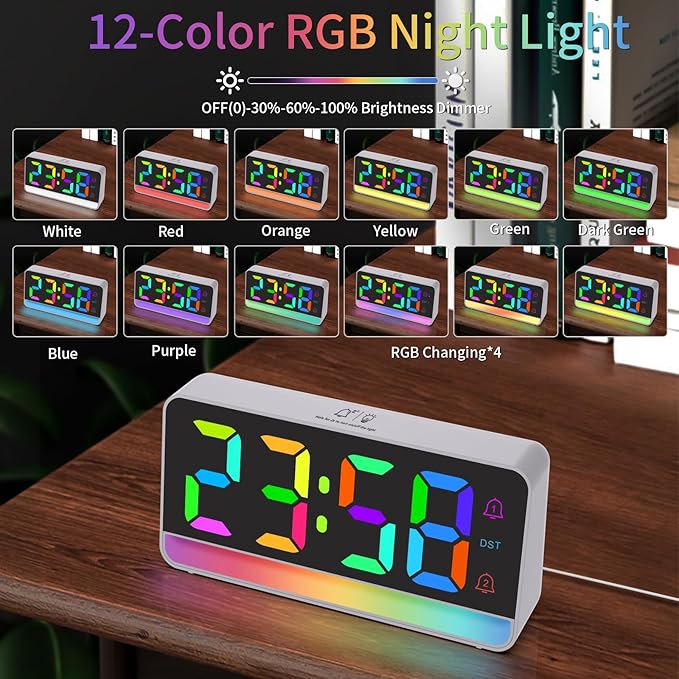 Alarm Clocks for Bedrooms, Digital Bedside Clock with RGB Night Light, Adjustable Volume for Heavy Sleepers, USB Charger, Large Display, Modern Decor for Desk, Dimmable Alarm Clock for Kids(Colorful)