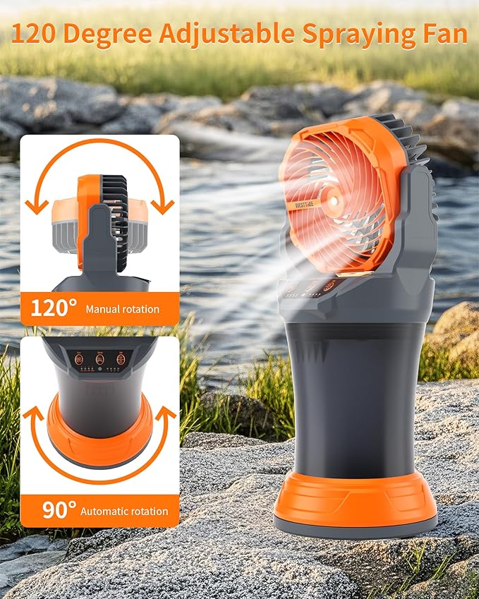 WESTTREE Portable Misting Fan with Larger Battery Fan-Rechargeable Outdoor Misting Cooling Fans with 2L Water Tank,RGB Lights,4 Speeds & Spray Modes-for Patio, Camping, Beach, Workshop (Gray-Orange)