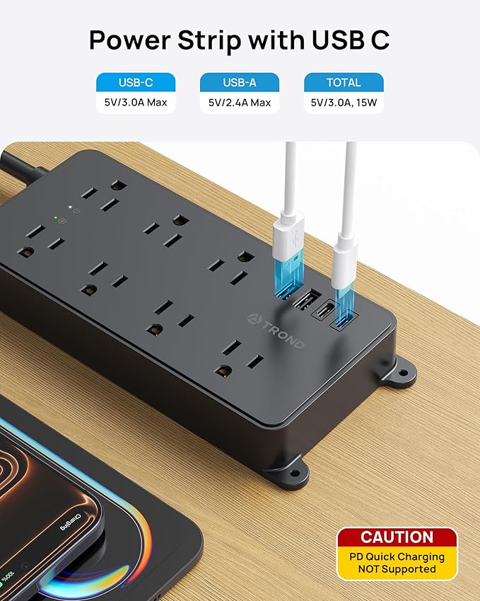 TROND Power Strip Surge Protector with 360° Rotating Plug, 7 Widely-Spaced Outlets, 2 USB-A & 2 USB-C, ETL Listed, Flat Plug 5ft Extension Cord, Wall Mountable, 1700J, for Home Office, Black