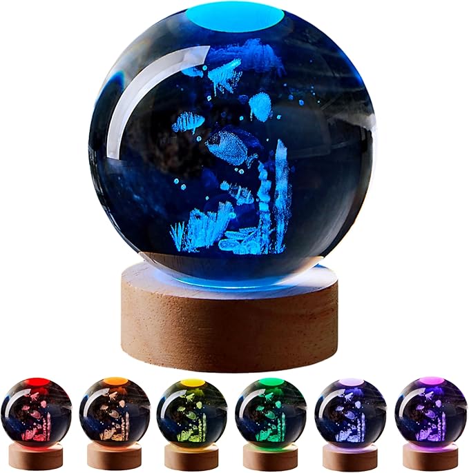 Conalisk 3D Underwater World Crystal Ball Lamp,Lifelike LED Fish Crystal Night Light,16 Colors Changing Light,Dimmable Remote Control,Desk Ocean Lamp (N)