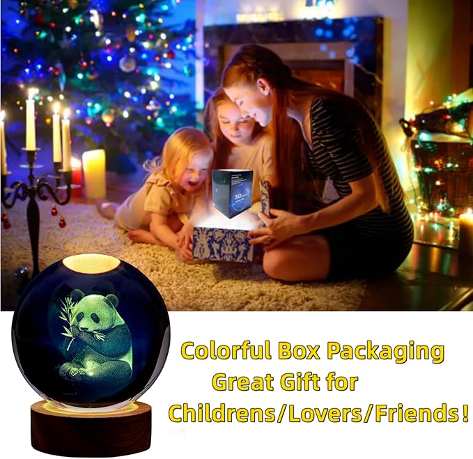 Panda Crystal Ball Lamp,3.15 inch 3D K9 Crystal Ball Panda Night Light,16 Colors Changing Light,Dimmable Remote Control,Panda Lamp Gift (L)