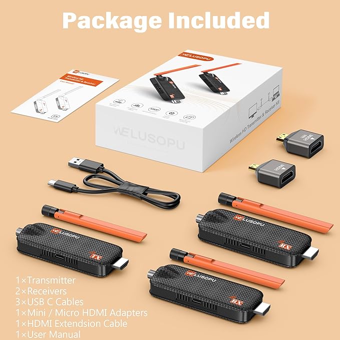 Wireless HDMI Transmitter and 2 Receivers, Support Up to 6 Receivers, 5.8G WELUSOPU HDMI Wireless Extender Casting Content for PC Laptop Camera Cable Box to Multiple TVs Monitors Projectors -165FT