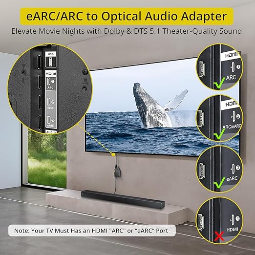 PROZOR eARC/ARC to Optical Audio Extractor, Enhanced eARC Audio Converter Supports Dolby/DTS 5.1, 192KHz HDMI eARC/ARC to Optical Toslink Adapter for TV to Soundbar Amplifier Home Theater