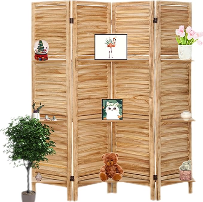 4 Panel Room Divider with Shelves, Room Dividers and Folding Privacy Screens, Folding Room Dividers 4 Panel, Wood Room Divider with 3 Display Shelves for Home Office (Natural)