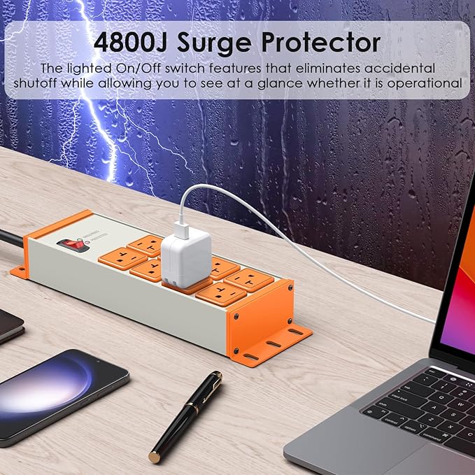 JUNNUJ Heavy Duty 20 Amp Surge Protector 4800J, Garage Metal 8 Outlets 12 Gauge, High Amp 5-15P Adapter Shop 6-20R T-Slot Industrial Outlet, 10 FT Extension Cord Commercial for Appliance, Grey