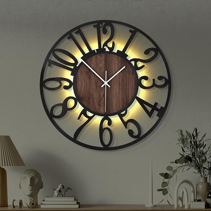 Casaformia 20'' Silent Wall Clock with Night Light, Glow in The Dark Decorative Wall Clock Battery Operated, Rustic Modern Metal & Wood Clocks for Bedroom Living Room Decor, Arabic Numerals