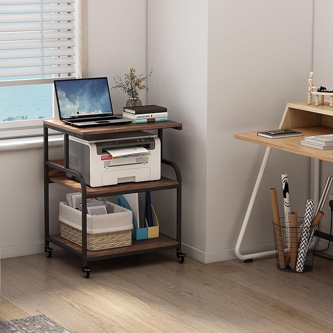 Fannova Large Printer Stand with Adjustable Storage Shelf, 3 Tier Printer Cart with Wheels for Home Office Organization, Rolling Table Stand for Heat Press Mini Fridge, Industrial Style