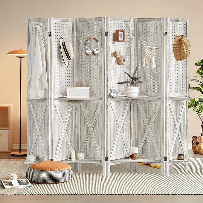 Aleesing 6 Panel Pegboard Display with 24 Hooks, Wooden Pegboard Room Divider Wall with Shelf, Partition Room Dividers and Folding Privacy Screens, Bedroom, Jewelry Store, White