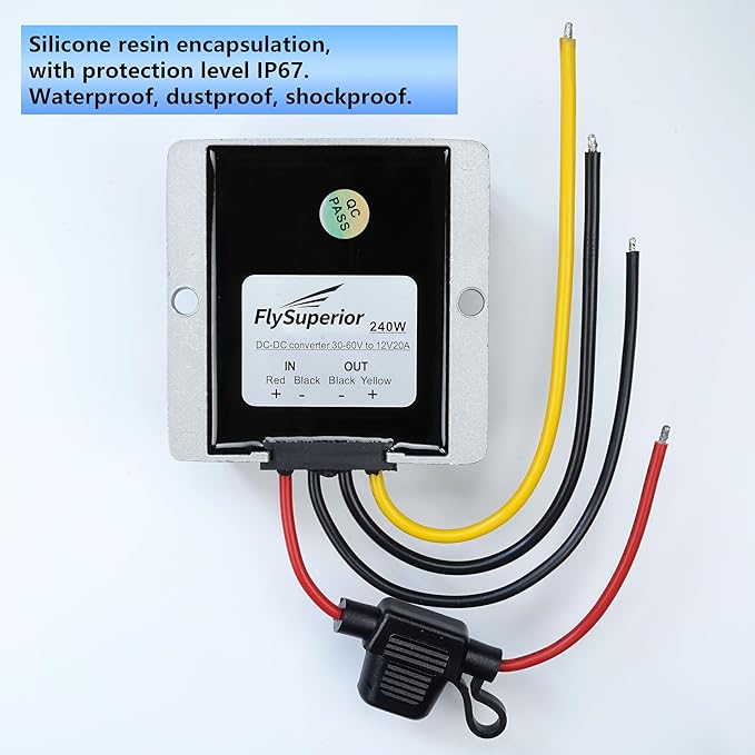FlySuperior DC 36V 48V to 12V Step Down Converter 20A 240W Waterproof Adapter Large Capacity Output Current, for Golf Cart, forklifts Car, Vessel, Solar Energy System(DC30-60V)