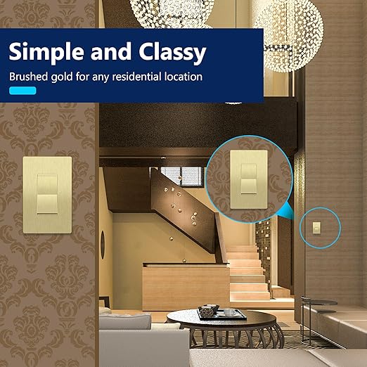 LIDER Brushed Gold Minimalist Decorator Switch with Screwless Wall Plate, Frameless Wall Light Switch, On/Off Rocker Switch, 3-Way or Single Pole, Residential Grade, UL Listed, 3 Wire, 15A 120-277VAC