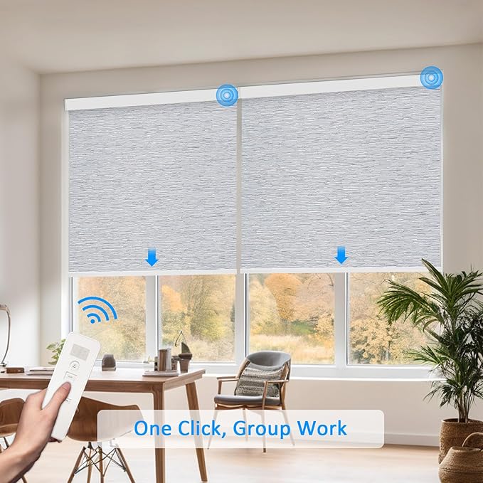 COOLWINDS Motorized Blinds with Remote Cordless Automatic Motorized Shades Custom Blinds for Windows Smart Curtains Compatible with Alexa Google Home(Blackout Jacquard Grey,W70 x H72in)