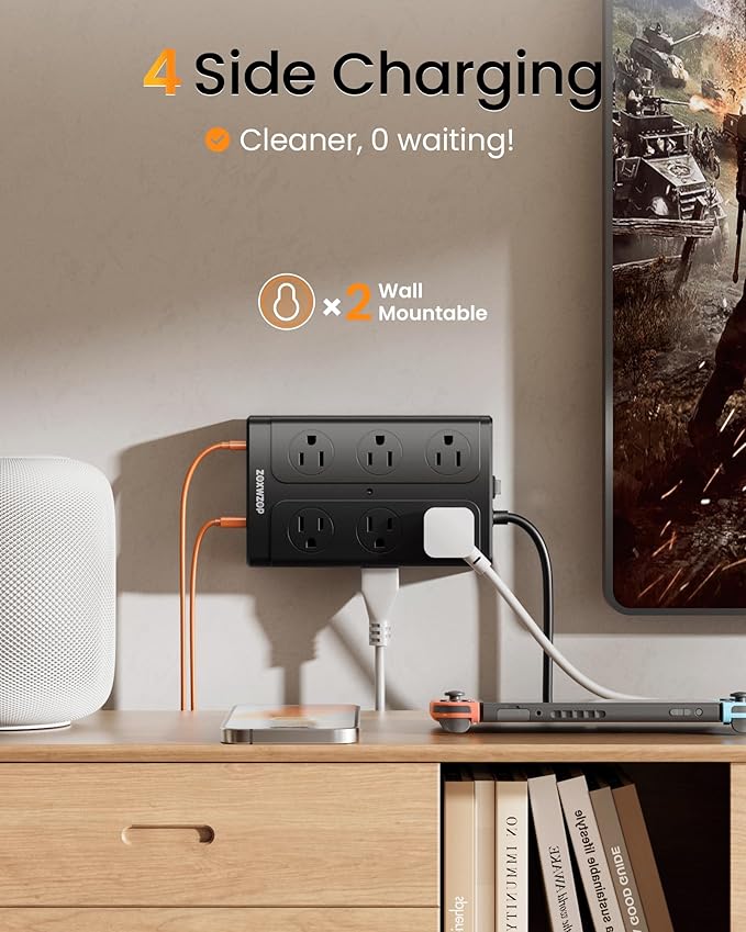 Zoxwzop Surge Protector Power Strip - 12 Outlets(1850W/15A) 6 USB Ports（2 USB C, 6FT Flat Plug Extension Cord, Wall Mount Multi Plug Outlet Extender, ETL Listed for Home, Dorm Room