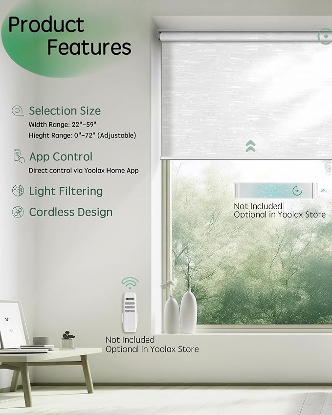 Yoolax Motorized Blinds App Control, Light Filtering Motorized Shades for Windows, Cordless Automatic Roller Shades for Bedroom Living Room Office(Light Filtering Jacquard White, 25" W x 72" H)