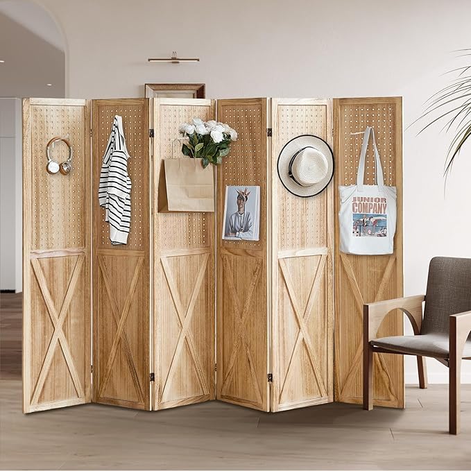 ALeesing 6 Panel Pegboard Room Divider, 5.6Ft Pegboard Display Folding Privacy Screens, Wood Room Divider Peg Board Display Freestanding for Trade Show Craft Show Home Wall Organizer, Light Brown